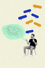 Sketch image composite artwork photo collage of young man sit chair show finger point speech cloud...