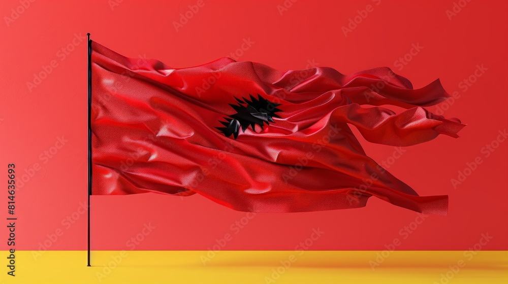 Poster vibrant flag flutters majestically in the wind against a rich red background, creating a captivating