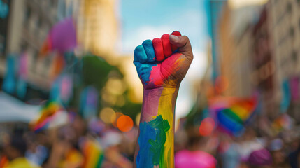 An inspiring photo of a pride parade, with a focus on a raised fist painted in rainbow colors, symbolizing the fight for LGBTQ rights