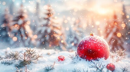 Winter holiday. Vibrant red Christmas bauble rests on snowy branches, with softly falling snowflakes and golden sunrise light against winter landscape, evoking warm, festive winter atmosphere