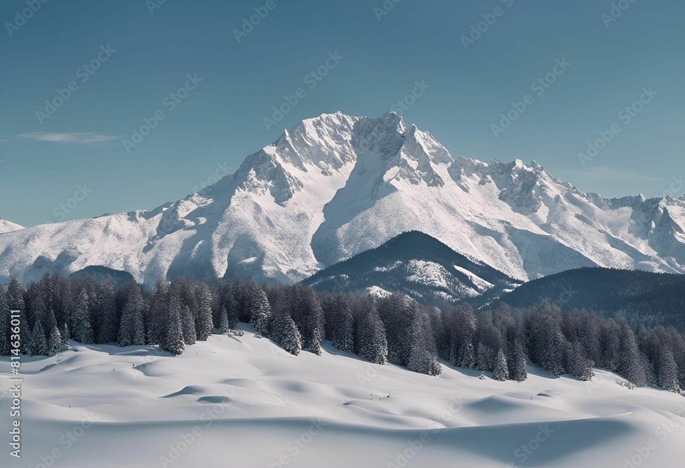 Poster a beautiful mountain range covered in snow and forest trees in the foreground