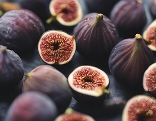 ripe figs and other fruit are displayed on a table