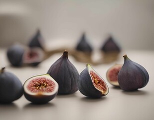 some figs sitting on a table with a knife cutting one