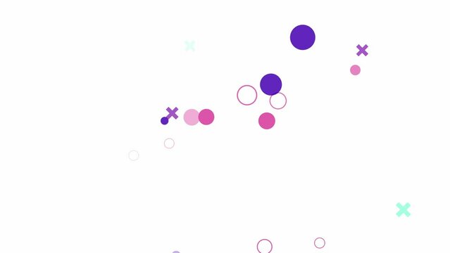 Flying circles, rings, crosses shapes on white background. Appear and disappear randomly pink, turquoise blue, lavender purple floating symbols. School year is over. Fun kids summer holiday. Cool math
