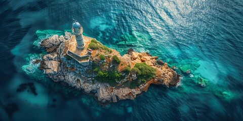 Aerial drone view of the lonely rocky island with lighthouse - Powered by Adobe