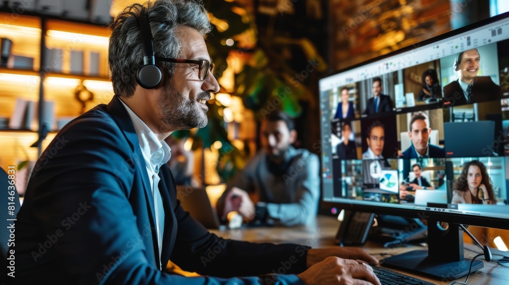 Aufkleber a man is seated, wearing headphones, and focused on using a computer, possibly working or listening 