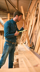 Carpenter Working In Woodwork Workshop Measuring Wood For Project