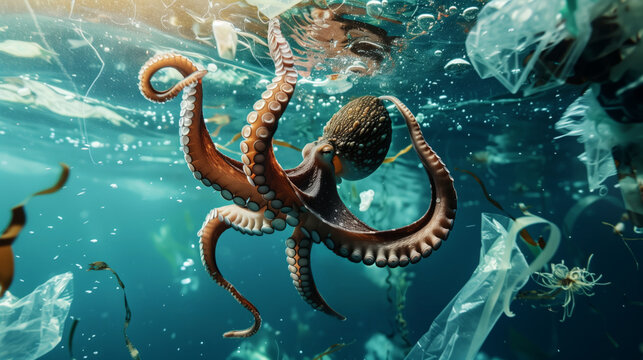 AI Image. Underwater view of octopus in the ocean among the plastic bags