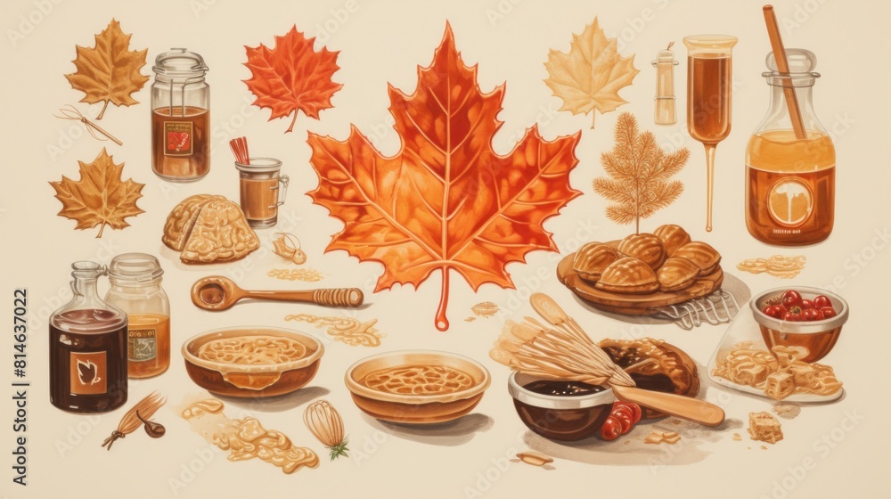 Poster Generative AI Collage-style artwork depicting the various uses of maple syrup in cooking and baking