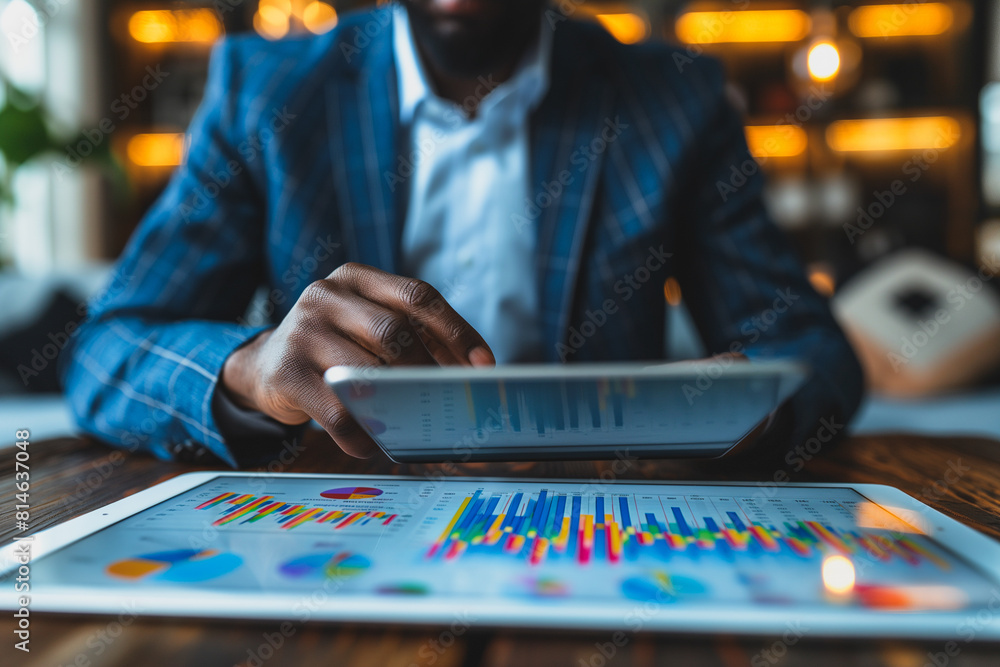 Poster a man in a suit is using a tablet to look at a graph