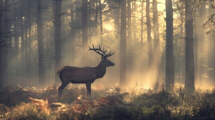 Enchanting misty forest with a lone deer amidst autumn trees