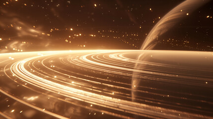Space background, backdrop. Golden rings of a distant planet close up. Space fantasy