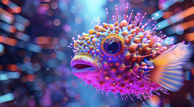 Puffer fish, front side view, hologram blocks with program code background, deep purple and light blue and purple and pink and yellow colors. Generative AI.