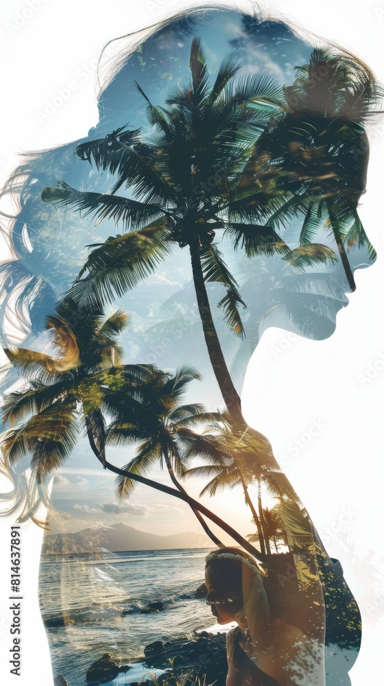 Poster A double exposure showcasing a woman and a palm tree merging seamlessly in one frame. The womans silhouette is overlaid with the intricate branches and leaves of the palm tree, creating a unique and s