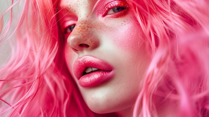 A picture of a beauty with pink hair, saturated makeup, taken in close-up in bright light.