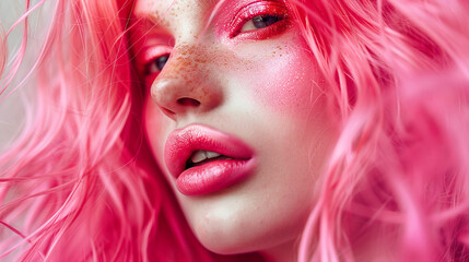 Fototapeta premium A picture of a beauty with pink hair, saturated makeup, taken in close-up in bright light.