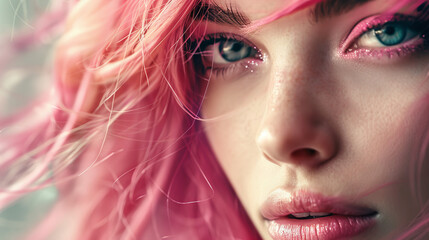 Close-up of an attractive girl with pink hair and bright makeup, a photo with bright lighting.