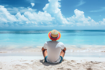Man Relaxing on Sandy Beach Looking at Turquoise Sea. Generative AI image
