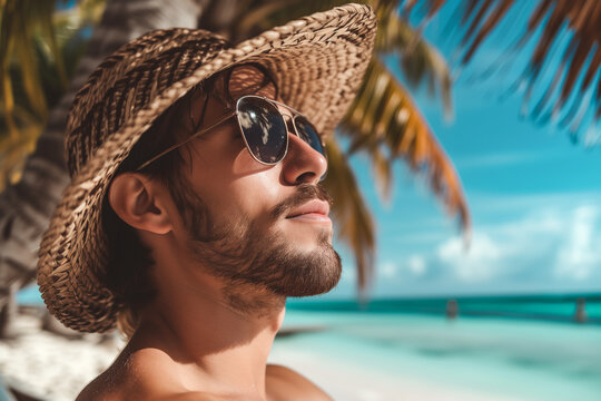 Man enjoying tropical beach holiday under palm trees. Generative AI image