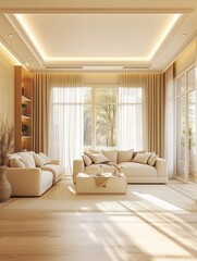 Fototapeta premium The Harmony of Space A Photo Illustration of Modern Interior Design, Showcasing an Apartment with a Well-Appointed Dining Room and an Inviting Empty Living Room with Beige Walls