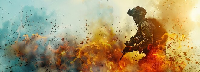 A soldier stands stoically as flames fill the sky behind him, creating a dramatic and intense scene.