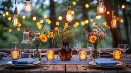A table is arranged in a wooded area with light bulbs hanging from the ceiling, creating a unique dining or gathering space in nature