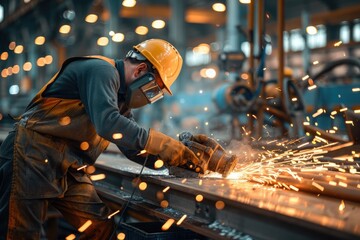 Industrial worker cutting steel with angle grinder. Sparks while grinding iron