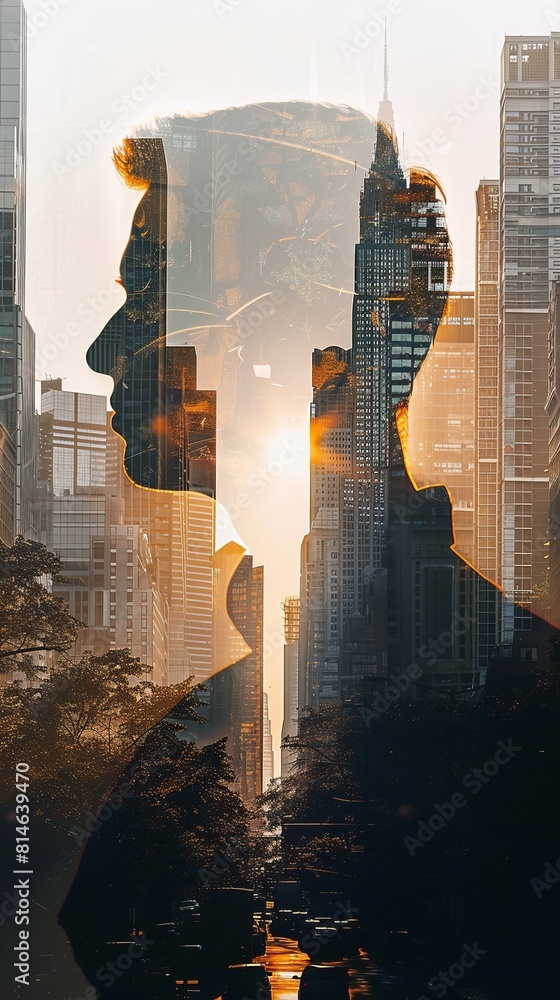 Poster A double exposure where a mans face is superimposed over a bustling cityscape, creating an intriguing blend of urban and human elements.