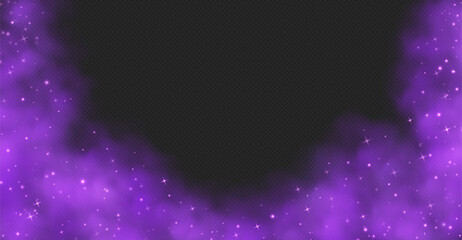 Purple magic smoke with stars and sparkles, fog with glowing particles, colorful vapor with star dust. Fantasy haze background. Vector illustration.