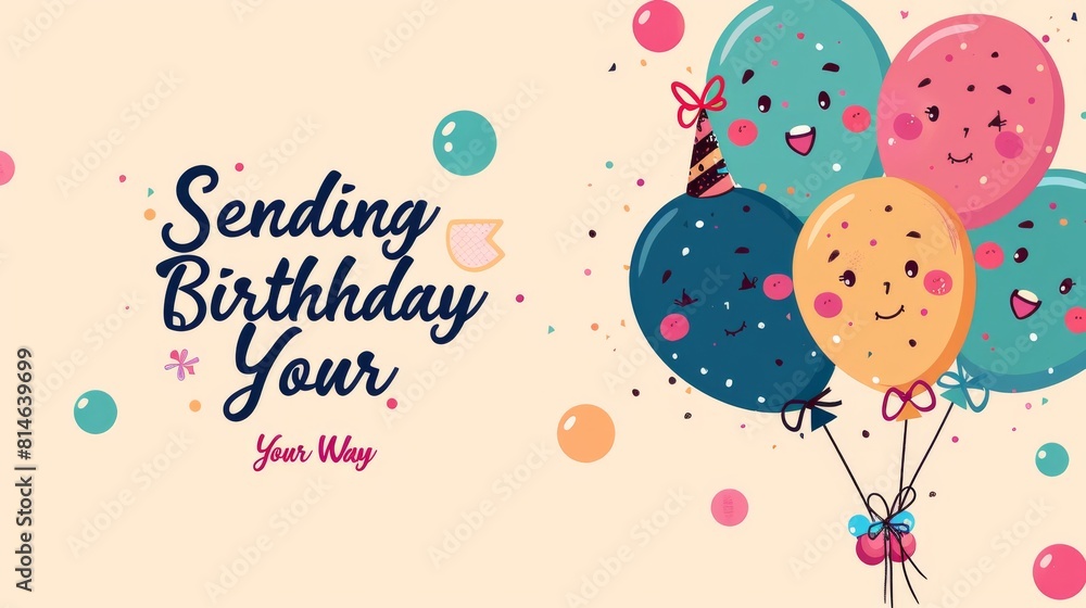 Poster a colorful birthday banner with balloons and a smiling face. the banner says 