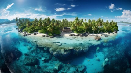 Generative AI A panoramic drone view capturing a picturesque island landscape with palm-lined shores, tranquil bays, and a kaleidoscope of vibrant marine life in the surrounding waters.