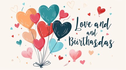 A bunch of balloons in various colors, each inscribed with the words love and birthdays, floating in the air.