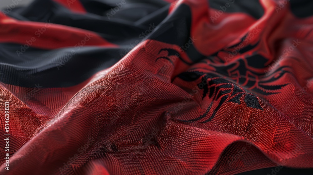 Poster close-up view of a red and black flag waving gently in the wind, showcasing the intricate details an