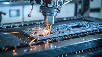 The CNC milling machine cutting the sheet metal with the sparking light. The hi-technology mold and die manufacturing process