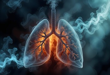 Obraz premium Human lungs and white smoke around. Stop smoking, No smoking, World no tobacco day, health damage, bad habits, addiction concept