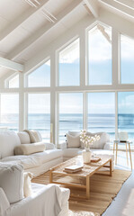 Fototapeta premium Light-filled living room with vaulted ceilings and panoramic ocean views, styled as a coastal retreat with large windows. 