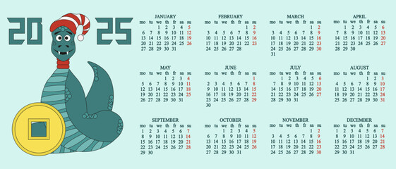 2025 Calendar template design with Chinese Zodiac 2025 New Year symbol. Cute vector in trendy retro flat style.