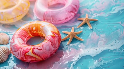 A pink and orange donut sits on a blue surface next to a starfish