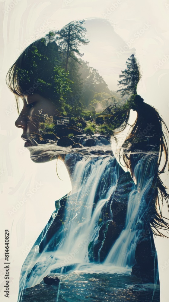 Poster a close-up view of a womans face in front of a majestic waterfall in the background. the womans feat