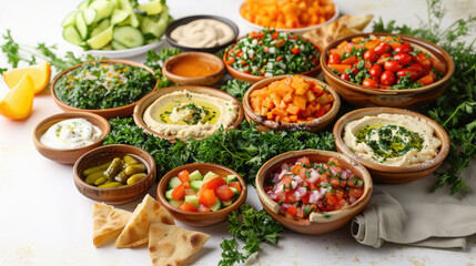 Lebanese national cuisine, dishes in plates and bowls on the table, tabbouleh, fattoush, hummus, pickles, restaurant, cafe, Middle East, delicious food, meal, salad, recipe, white background