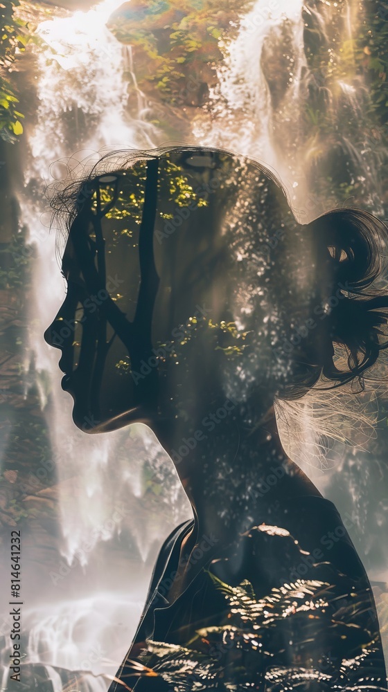 Poster a woman is standing in front of a cascading waterfall, with water flowing vigorously in the backgrou