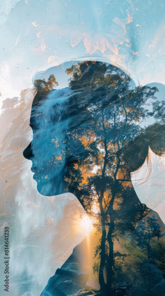 Aufkleber A unique composition where the face of a woman is overlaid with the silhouette of trees in the background, creating a striking double exposure effect. The womans features blend seamlessly with the int