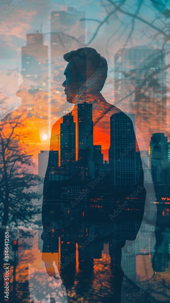 Poster a man is standing in front of a towering city skyline, looking out at the urban landscape. the contr