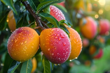 Obraz premium Mango Tree Laden with Fruit: Ripe mangoes hanging from the branches. 