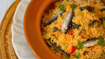 Naklejka premium Cuscuz paulista, a savory dish made with couscous, sardines, and vegetables