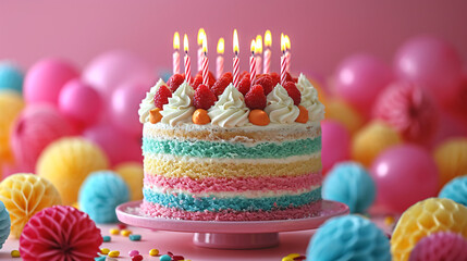 Vibrant birthday cake with multiple layers of different colors displayed on stand with numerous candles, and surrounded by a festive array of colorful birthday decorations against a pink background.