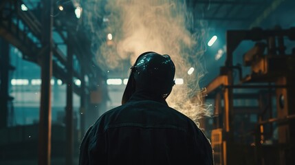 Obraz premium Welder working with protective mask welding metal in the factory. Metalwork manufacturing and construction concept