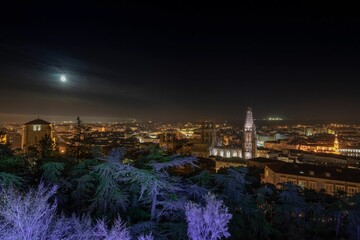 Aerial view of the city of Burgos at night in Spain