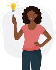New idea concept. African girl found a solution to the problem. Woman pointing her finger at a light bulb.