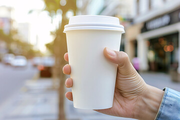 Person's hand holding white disposable coffee cup with blurry city in background